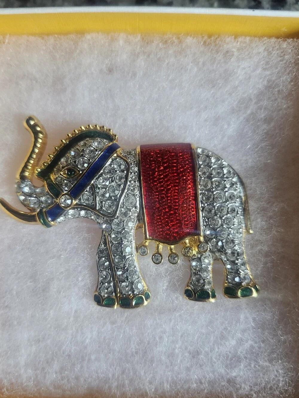 Sparkling Crystal Elephant Brooch with Red Enamel Saddle